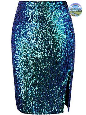 Sequin Midi Pencil Skirt Side Slit Sparkly Bodycon Party Skirt